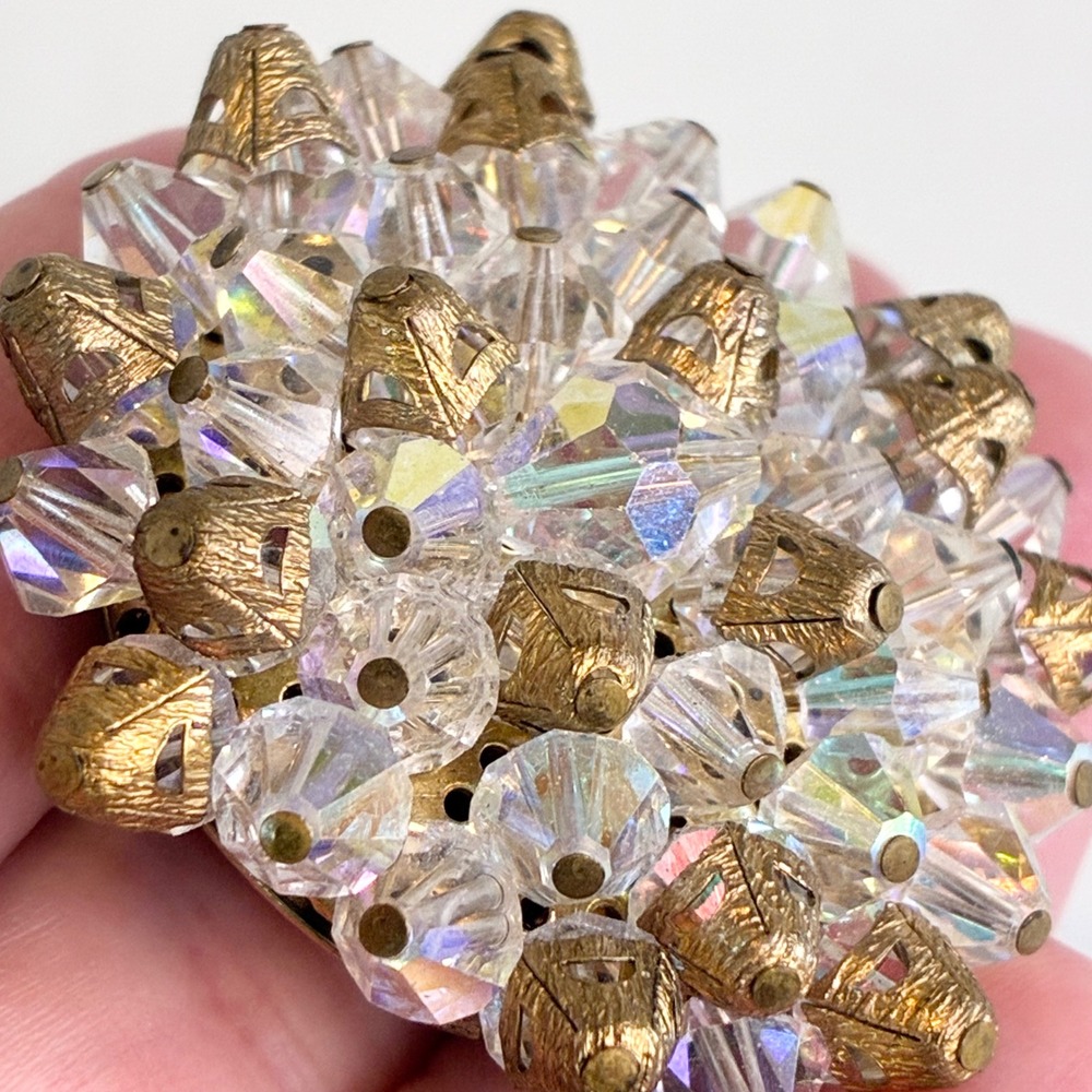 Vintage Aurora Borealis Crystal Starburst Brooch Gold Tone Pendant Pin